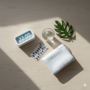 Flat lay de cápsulas de citrato de magnesio con vaso de agua y reloj Flat lay de cápsulas de citrato de magnesio con vaso de agua y reloj